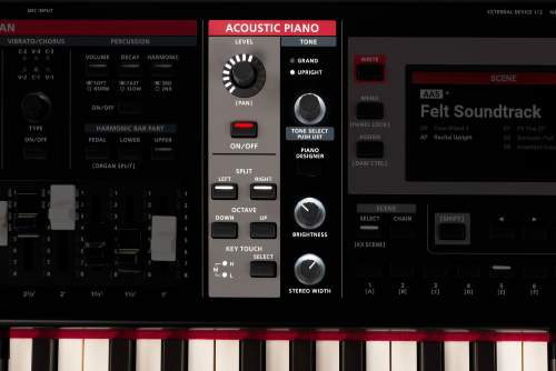 Commandes du Roland V-STAGE76 ou V-STAGE88 pour le piano acoustique : personnalisation des tonalités avec la technologie V-Piano et le Piano Designer.