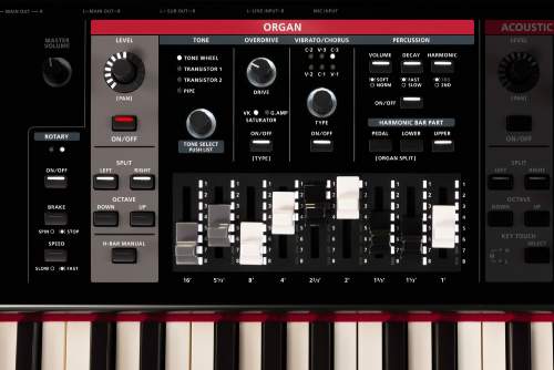 Commandes d’orgue du Roland V-STAGE76 ou V-STAGE88: technologie Virtual Tone Wheel et tirettes harmoniques pour une expérience authentique.